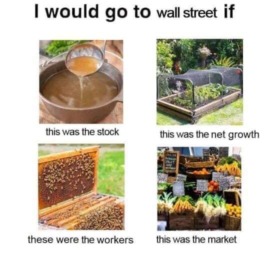 This meme is a humorous take on the idea that one's investment portfolio would be better off if they were to live in a different time and place. The text at the top reads "I would go to Wall Street if..." and the four images below show different scenarios, with the corresponding text: "this was the stock market", "this was the net growth", "these were the workers", and "this was the market". The meme is poking fun at the idea that one's financial situation would be better if they were to live in a different time and place, with each image showing a different scenario.